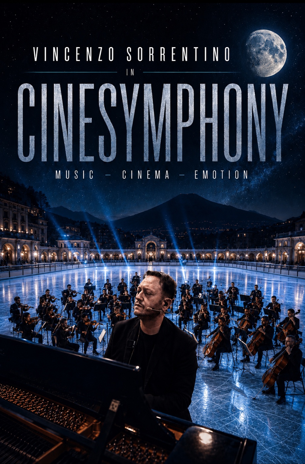 Official Cinesymphony artwork featuring Vincenzo Sorrentino at the piano with orchestra