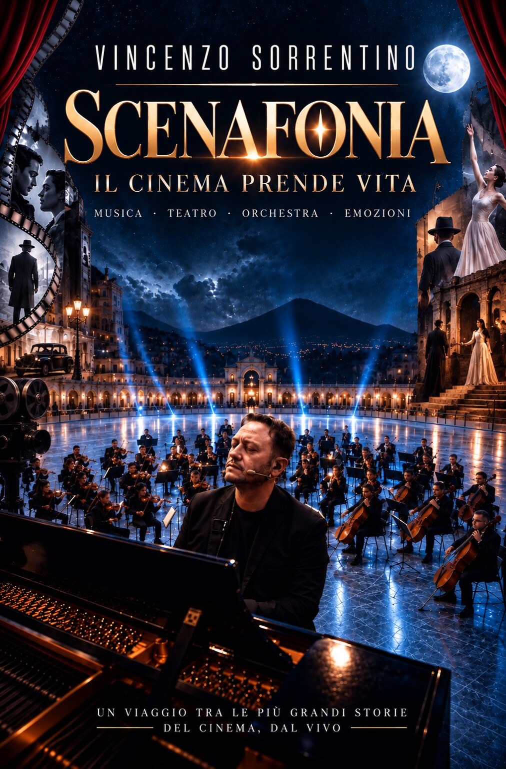 Official artwork for Scenafonia — Cinema Comes to Life, featuring Vincenzo Sorrentino at the piano with orchestra