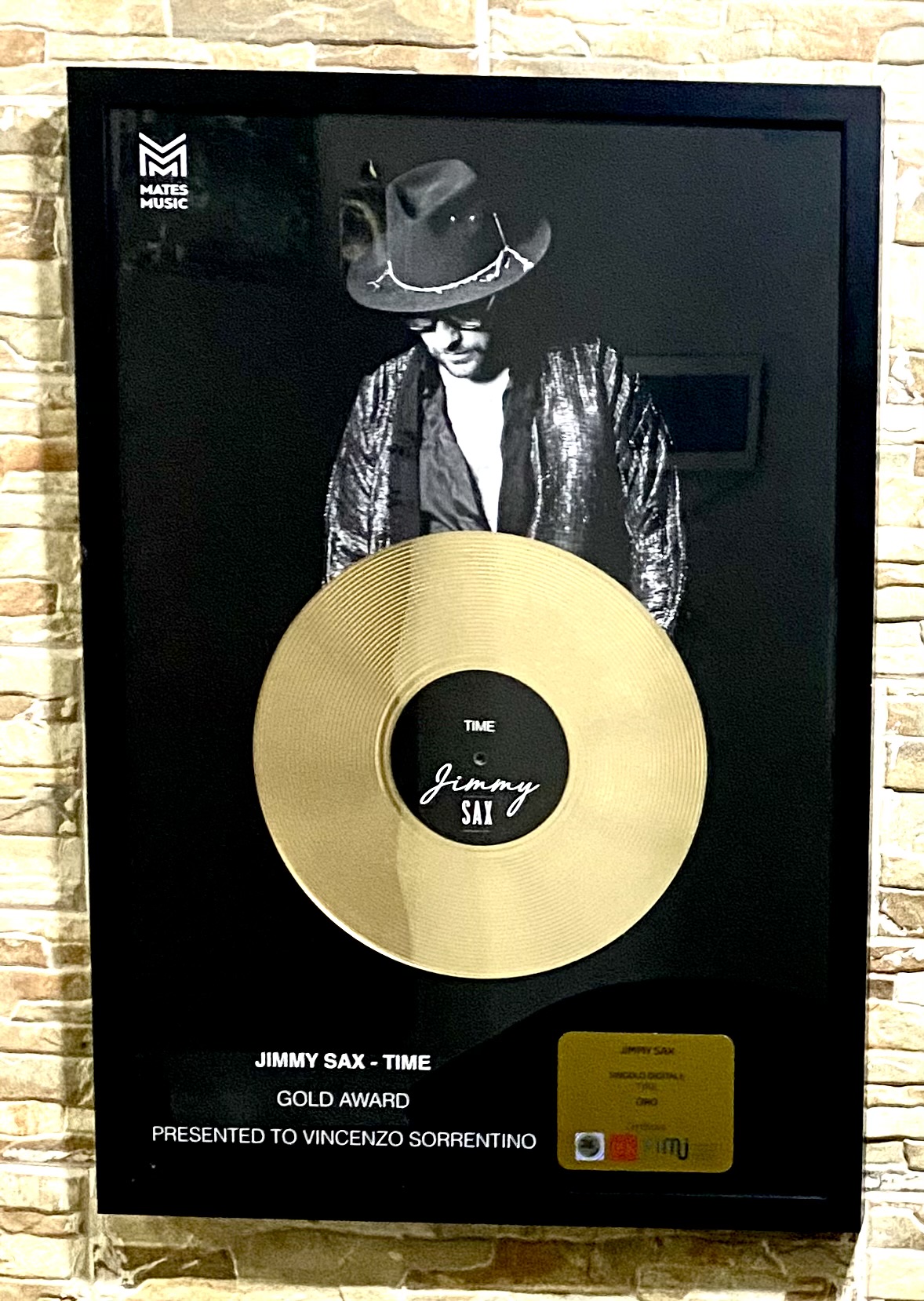 Gold Record for Jimmy Sax’s Time presented to Vincenzo Sorrentino